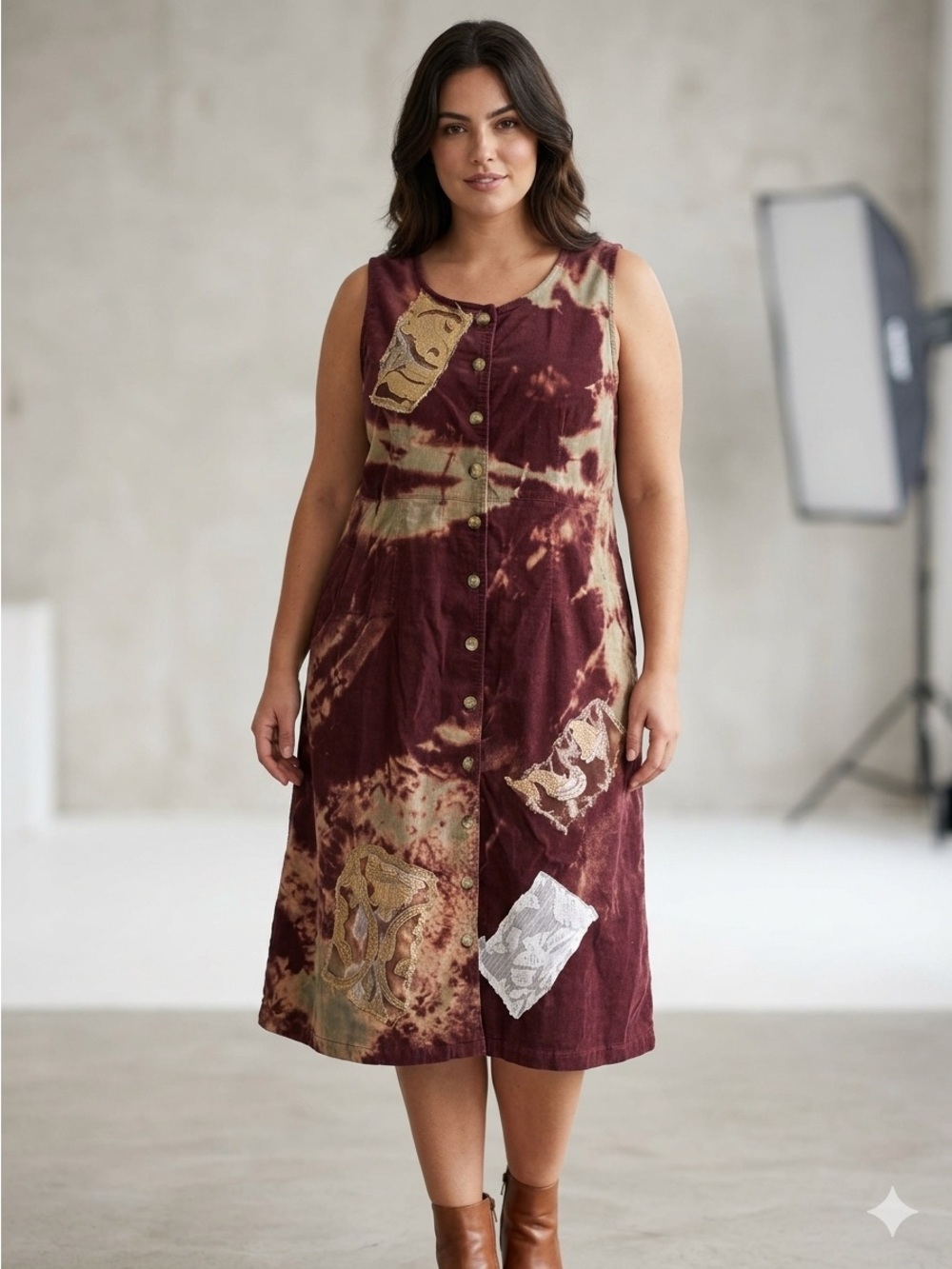 Ty Maroon and Tan Patchwork Tie-Dye Midi Dress